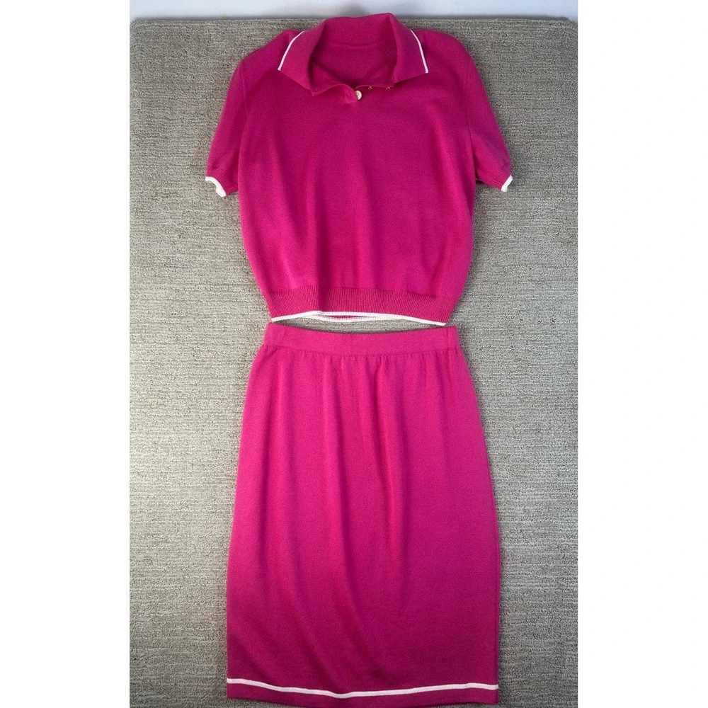 St. John Collection Marie Gray Pink Santana Knit Polo Sweater Skirt Set 10
